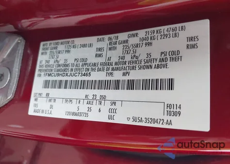 2018 Ford Escape Sel из США, поврежденный, VIN 1FMCU9HDXJUC73465